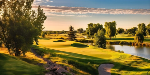 A serene golf course surrounded by lush greenery and tall trees. The fairways are meticulously maintained, with neatly trimmed grass.