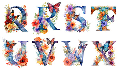 Floral Alphabet With Butterfly Watercolor Clipart 03. Generative AI