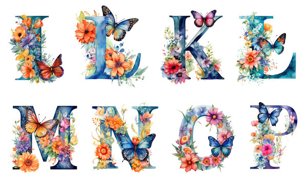 Floral Alphabet With Butterfly Watercolor Clipart 02. Generative AI