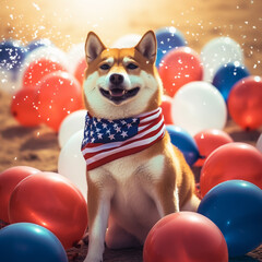 Ai generative illustration of shiba inu dog 4th of July party with balloons, flag Stars and Stripes. Day of Independence.