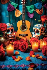 A beatiful background to promote mexican day of dead celebration with lights, mexican skulls and ornaments. Create with generative ai.