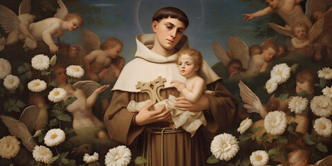 Saint Anthony of Padua religion faith holy illustration. St. Anthony. Patron Saint of Lost Items. With Child Jesus.