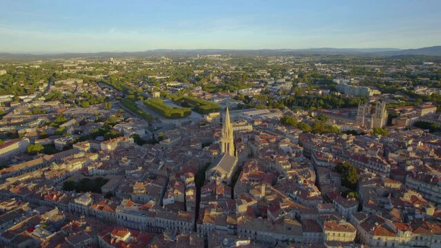 The drone aerial footage of downtown district of Montpellier at sunrise, France.