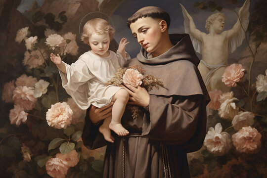 Saint Anthony of Padua religion faith holy illustration. St. Anthony. Patron Saint of Lost Items. With Child Jesus.