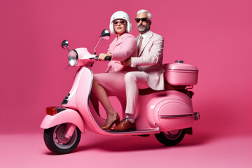 Fototapeta na wymiar girl and boy on scooter. . A man and a woman in a romantic relationship on a pink background. Concept of love, A Valentine's Day Card., love concept with copy space.