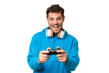 Brazilian man playing with a video game controller over isolated chroma key background