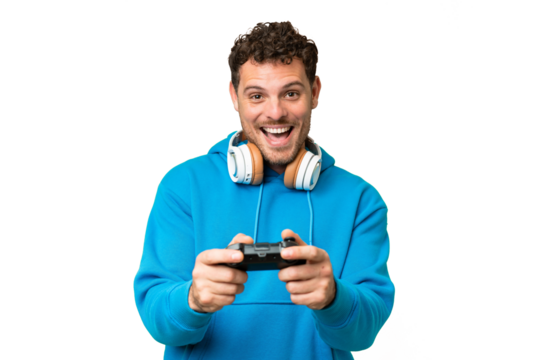 Brazilian man playing with a video game controller over isolated chroma key background