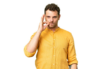 Brazilian man over isolated chroma key background showing a sign of silence gesture