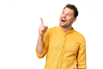 Brazilian man over isolated chroma key background intending to realizes the solution while lifting a finger up