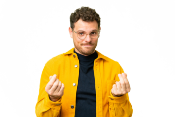 Brazilian man over isolated chroma key background making money gesture but is ruined