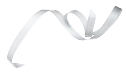 Gray ribbon long straight fly in air with curve roll shiny. Gray ribbon for present gift birthday party to wrap around decorate and make of textile cloth long straight. White background isolated