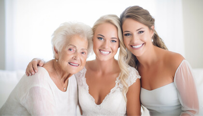 Three female generations family portrait. Cute girl hugging tightly beloved mom and grandma. Mother and grandmother embracing, cuddling granddaughter on couch at home, enjoying leisure time together