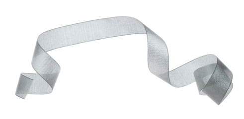 Gray ribbon long straight fly in air with curve roll shiny. Gray ribbon for present gift birthday party to wrap around decorate and make of textile cloth long straight. White background isolated