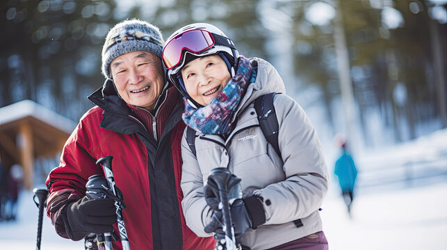Couple of asian pensioners have a rest in ski resort. winter holidays