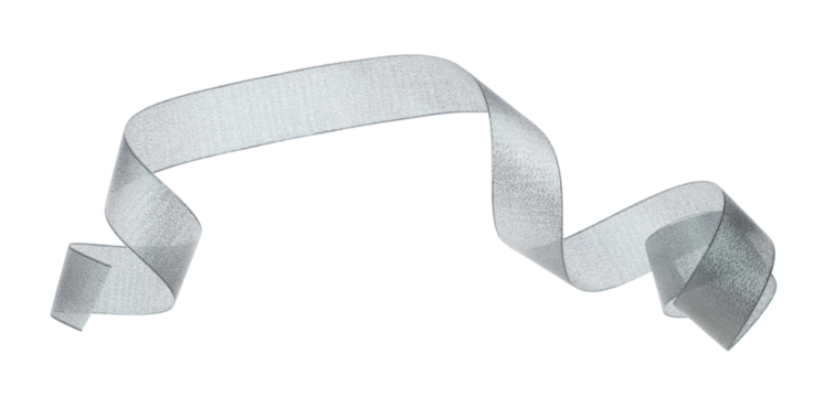 Gray ribbon long straight fly in air with curve roll shiny. Gray ribbon for present gift birthday party to wrap around decorate and make of textile cloth long straight. White background isolated