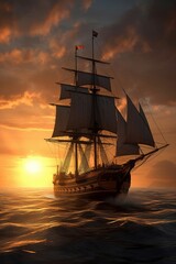 Obraz premium Frigate sailing under full sail at sunset. Generative AI