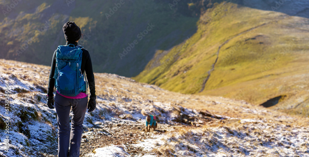 Canvas Prints A female hiker and their dog walking down from Sand Hill towards Coledale Hause below Crag Hill in winter in the English Lake District, UK.