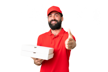 Pizza delivery man with work uniform picking up pizza boxes over isolated chroma key background shaking hands for closing a good deal
