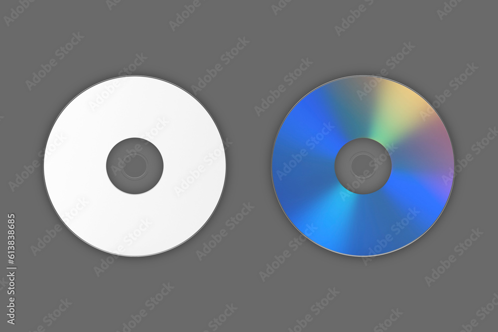 Poster blank cd or dvd disk mockup isolated on dark background. front and back side.cd compact disc on dark