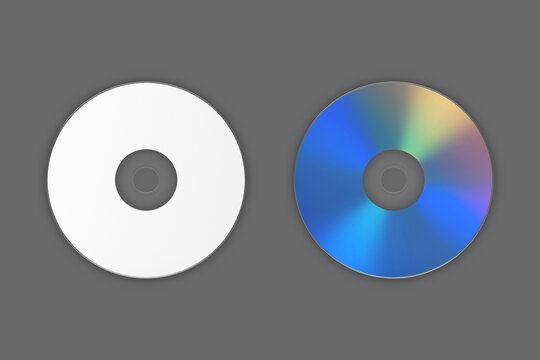 Blank CD or DVD disk mockup isolated on dark background. front and back side.cd compact disc on dark black background top view with copy space close-up.3d rendering.