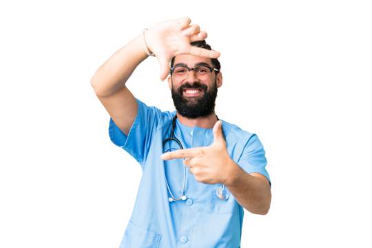Young doctor man over isolated chroma key background focusing face. Framing symbol