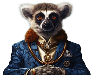 Lemur sits meditating, gold chain around the neck and rings on the fingers. Isolate on white background.