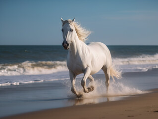 Obraz na płótnie Canvas Beautiful horse run along the shore of the sea. Generative AI.
