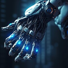 The hand of the robot of the future on a dark background - obrazy, fototapety, plakaty