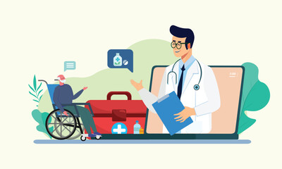 Psychological counseling concept. Disabled old man in wheelchair taking treatment from doctor via laptop with first aid kit, online medical treatment for all concept