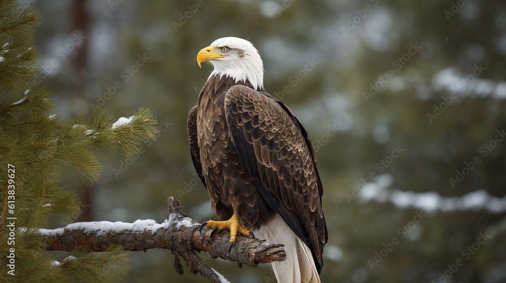 Poster a bald eagle perched on a branch of a pine tree. generative ai
