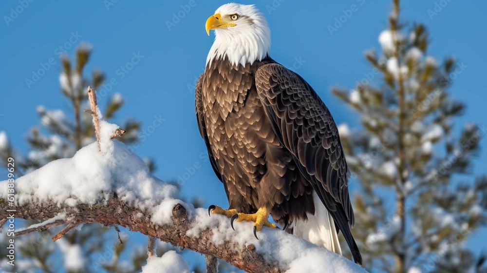 Poster a bald eagle perched on a branch of a tree covered in snow. generative ai