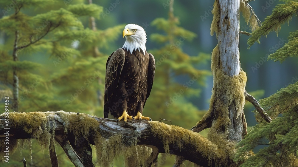 Poster  a bald eagle perched on a tree branch in a forest.  generative ai