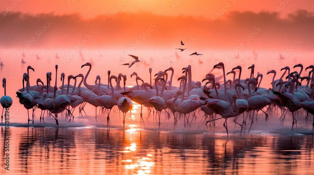 Sticker  a flock of flamingos standing in the water at sunset.  generative ai