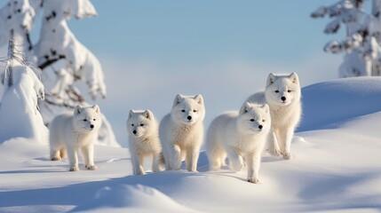 Fototapeta na wymiar a group of white dogs standing on top of a snow covered hill. generative ai