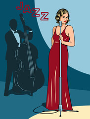 Retro Jazz Poster. Singer Woman and Contrabass Player. Vector illustration.
