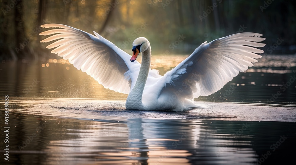 Poster a white swan flapping its wings on a lake with trees in the background. generative ai