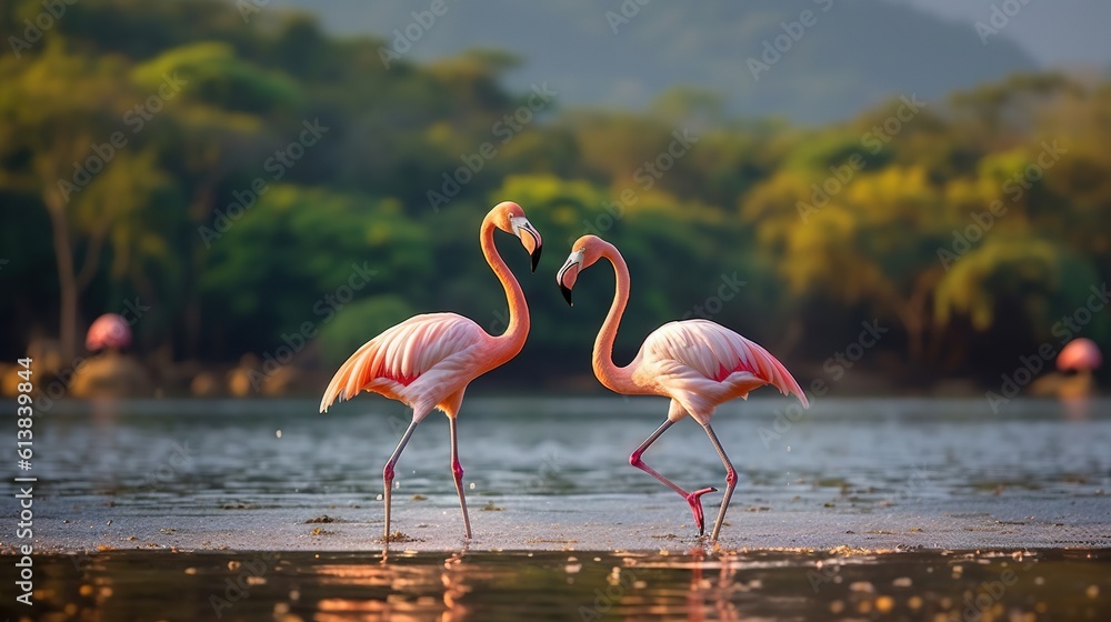 Poster two flamingos standing in the water with their beaks open. generative ai