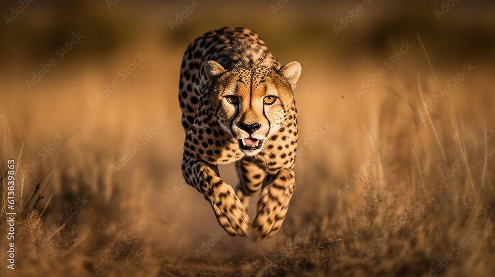 Poster a cheetah running through a field of tall grass. generative ai
