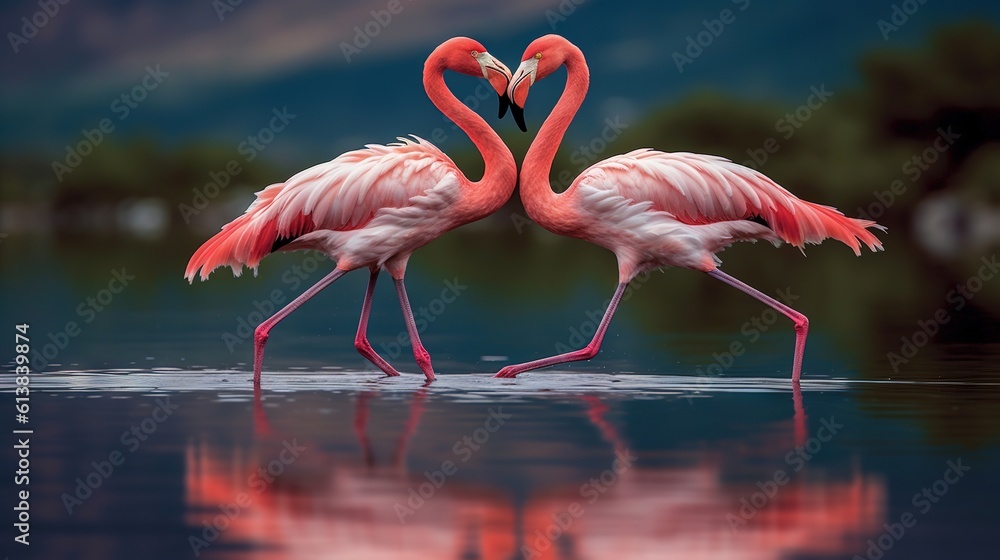 Poster two flamingos standing in the water making a heart shape. generative ai