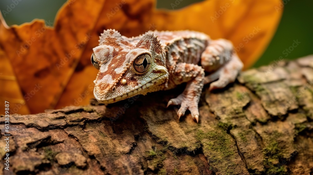 Poster a small lizard is sitting on a tree branch with leaves. generative ai