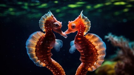  a couple of seahorses in a heart shape in an aquarium.  generative ai - obrazy, fototapety, plakaty