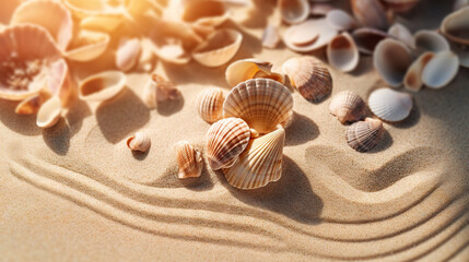 Fototapeta na wymiar sells on sand at beach with transparent sea water, summer unlight holidays, generative ai