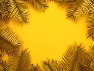 Fototapeta na wymiar Green tropical palm leaves on yellow background with sunlight. Minimal summer creative flat lay.