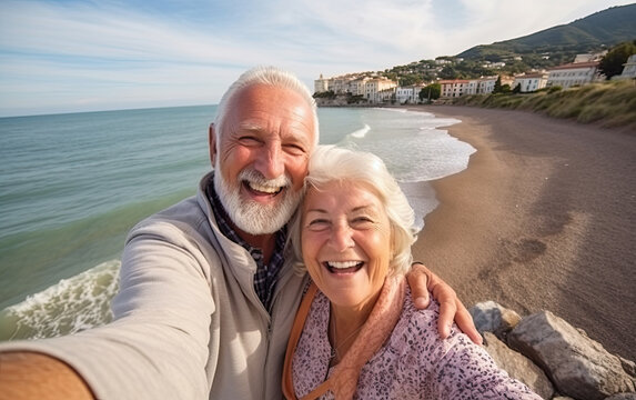 Active seniors taking selfies of them having fun outside in the autumn sea