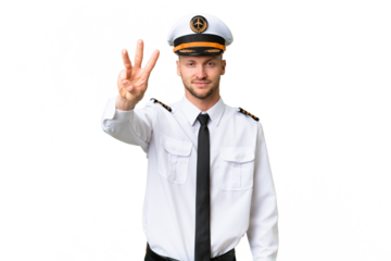 Airplane pilot man over isolated background happy and counting three with fingers