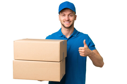 Delivery caucasian man over isolated background giving a thumbs up gesture