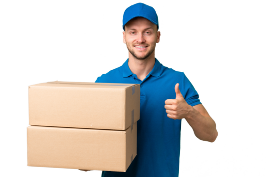 Delivery caucasian man over isolated background giving a thumbs up gesture