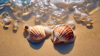 Fototapeta na wymiar sells on sand at beach with transparent sea water, summer unlight holidays, generative ai