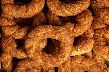 Turkish bagel. Round shaped sesame bagel. Pastry delicacies. Local name simit or gevrek