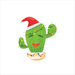 New Year's cactus decorated with garlands in a pot